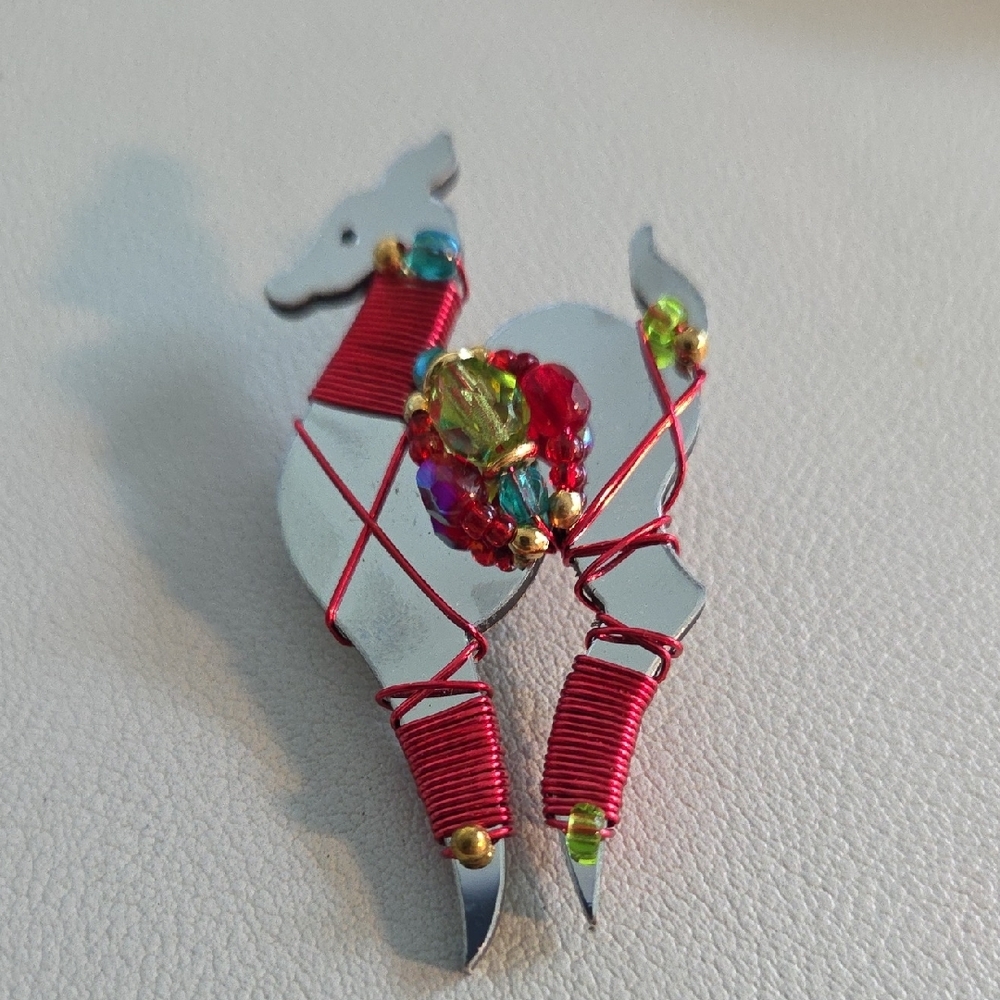 LizTech Artisan 'My Deer' Red and Silver Brooch - Signed 2007